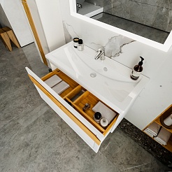 Бриклаер Мебель для ванной Берлин 100 белая с ручкой дуб золотой – фотография-9